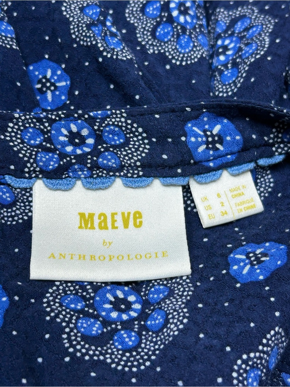Anthropologie Maeve Navy Blue 3/4 Sleeve Peasant Floral Shirt Blouse US Size 2 - Picture 4 of 10